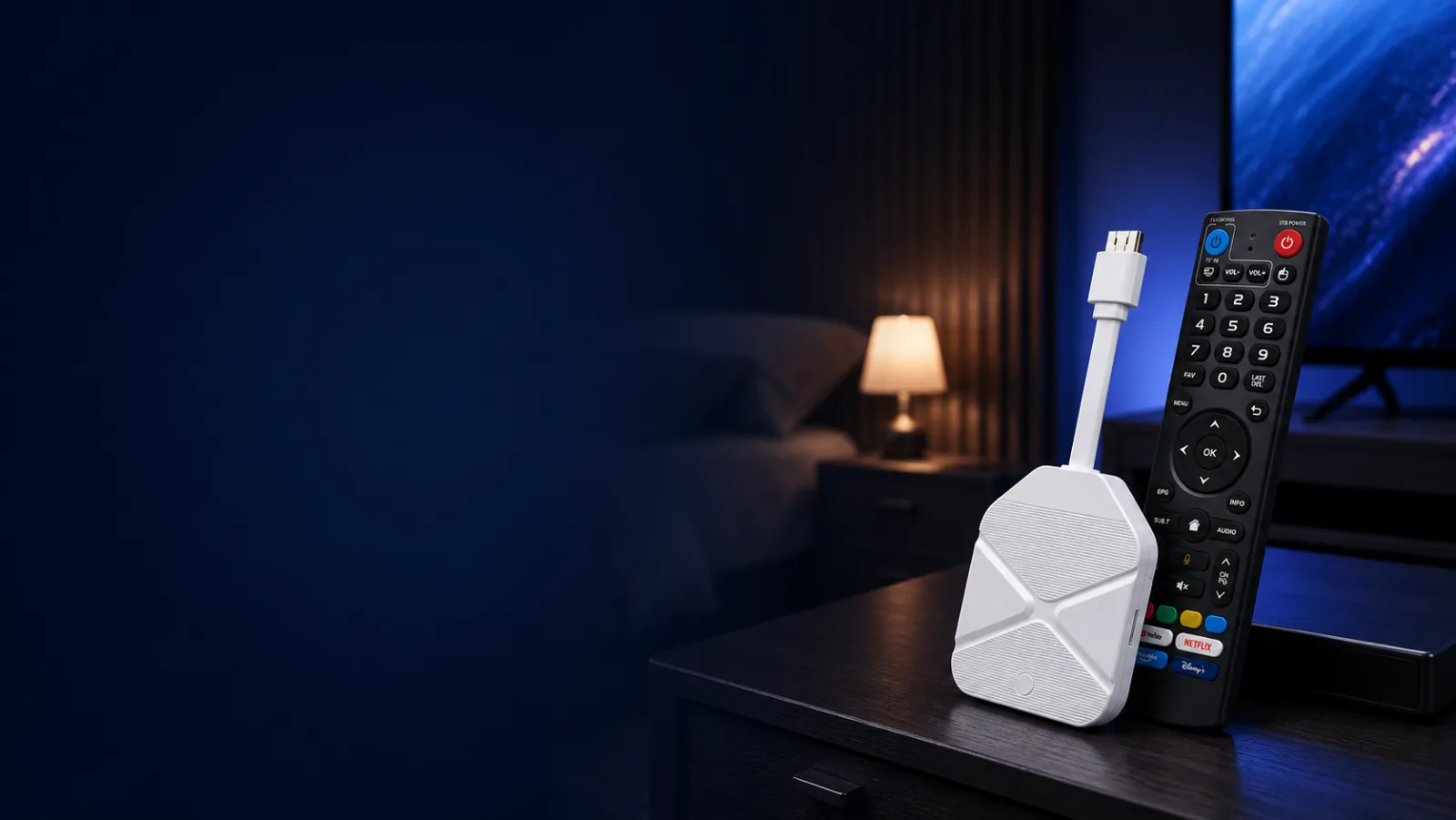 We2USAT P6 Mini compact streaming dongle with remote in a modern TV room