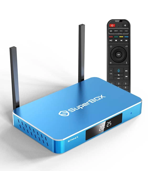 SuperBox S7 Max product image with box and remote