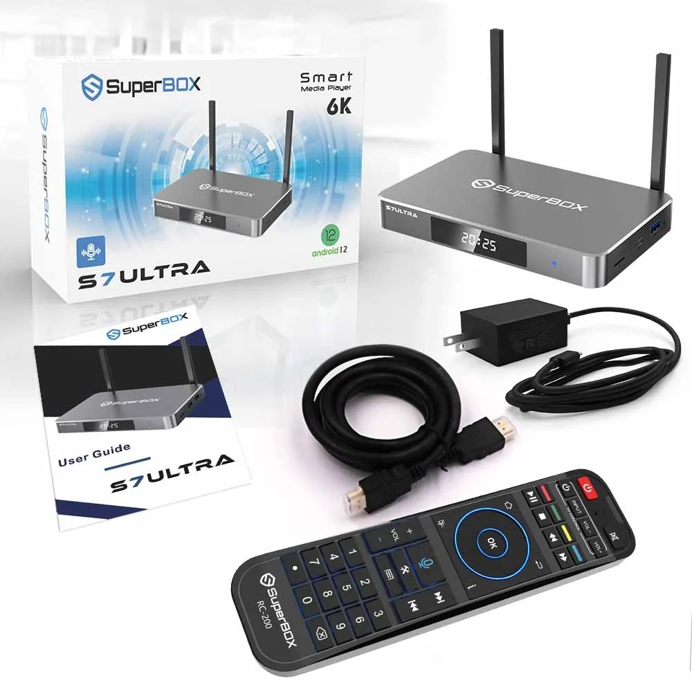 SuperBox S7 Ultra package image showing the box, streaming device, remote, and included accessories