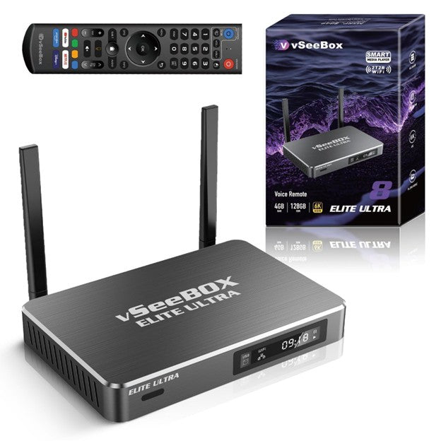 vSeeBox Elite Ultra product image with streaming box and remote
