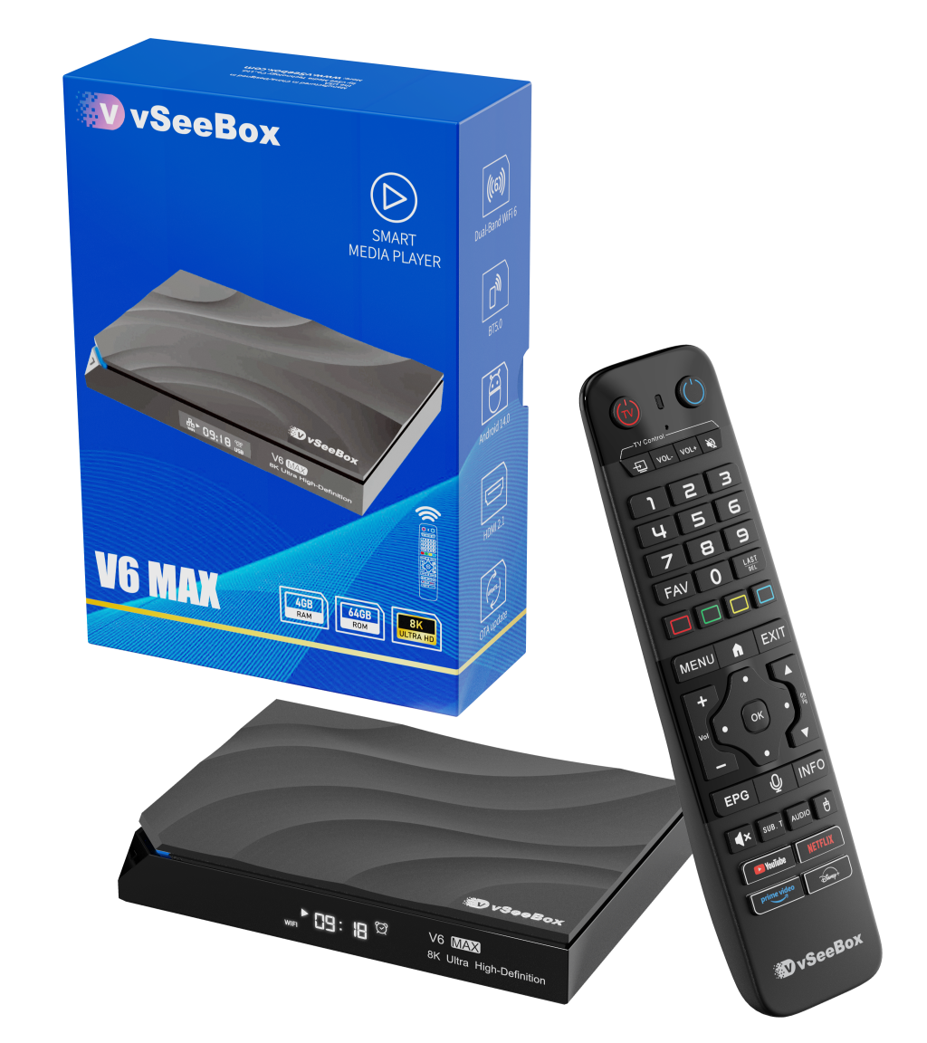 vSeeBox V6 Max product image with box and remote