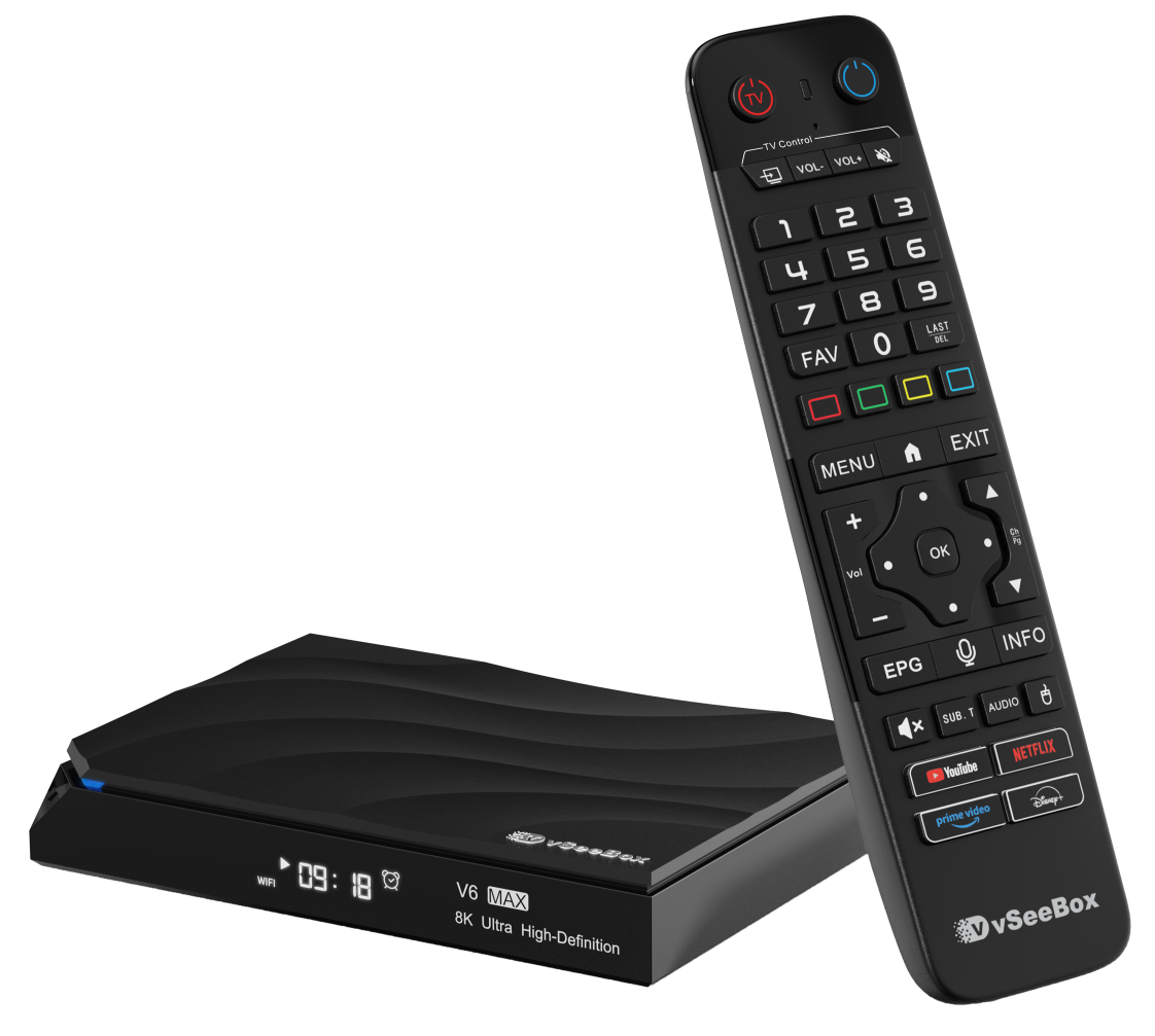 vSeeBox V6 Max package image showing streaming box and accessories