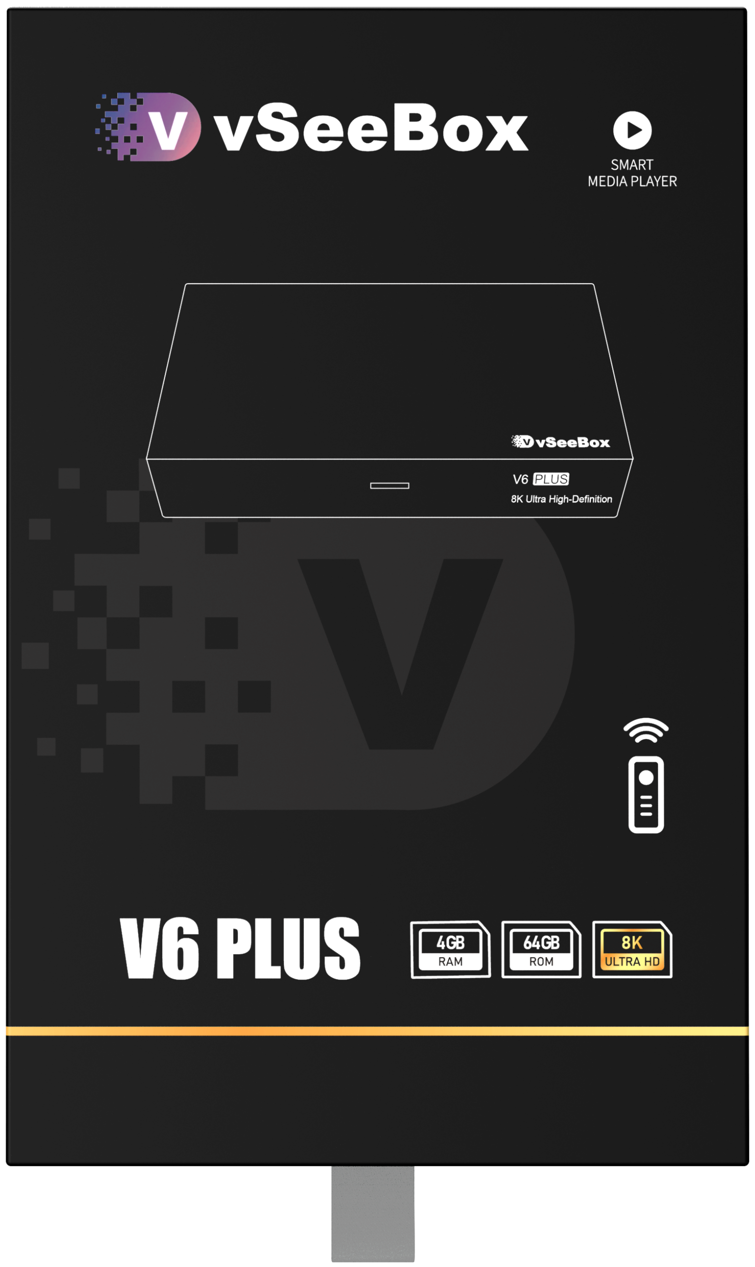 vSeeBox V6 Plus product image with box and backlit remote