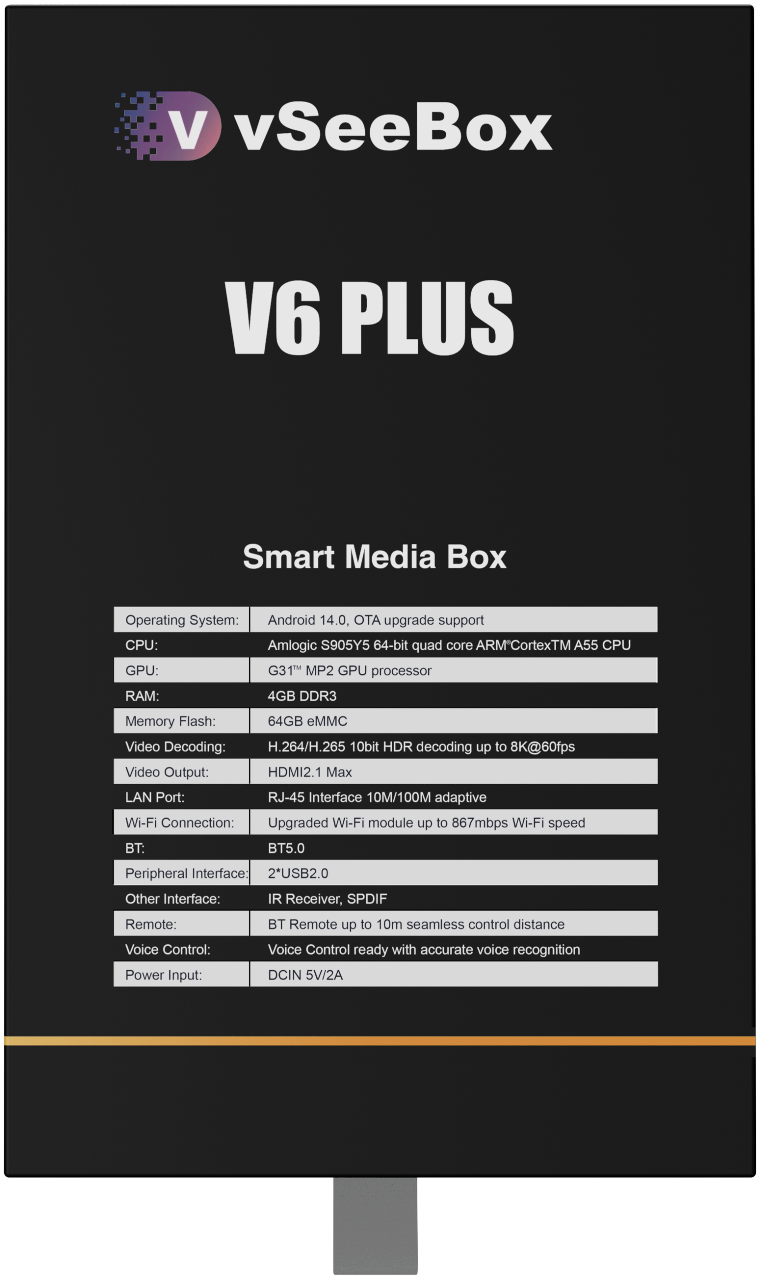 vSeeBox V6 Plus package image showing the streaming box and included accessories